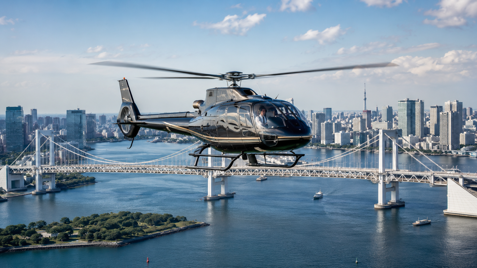 Aerial View of Tokyo Skyline with Helicopter